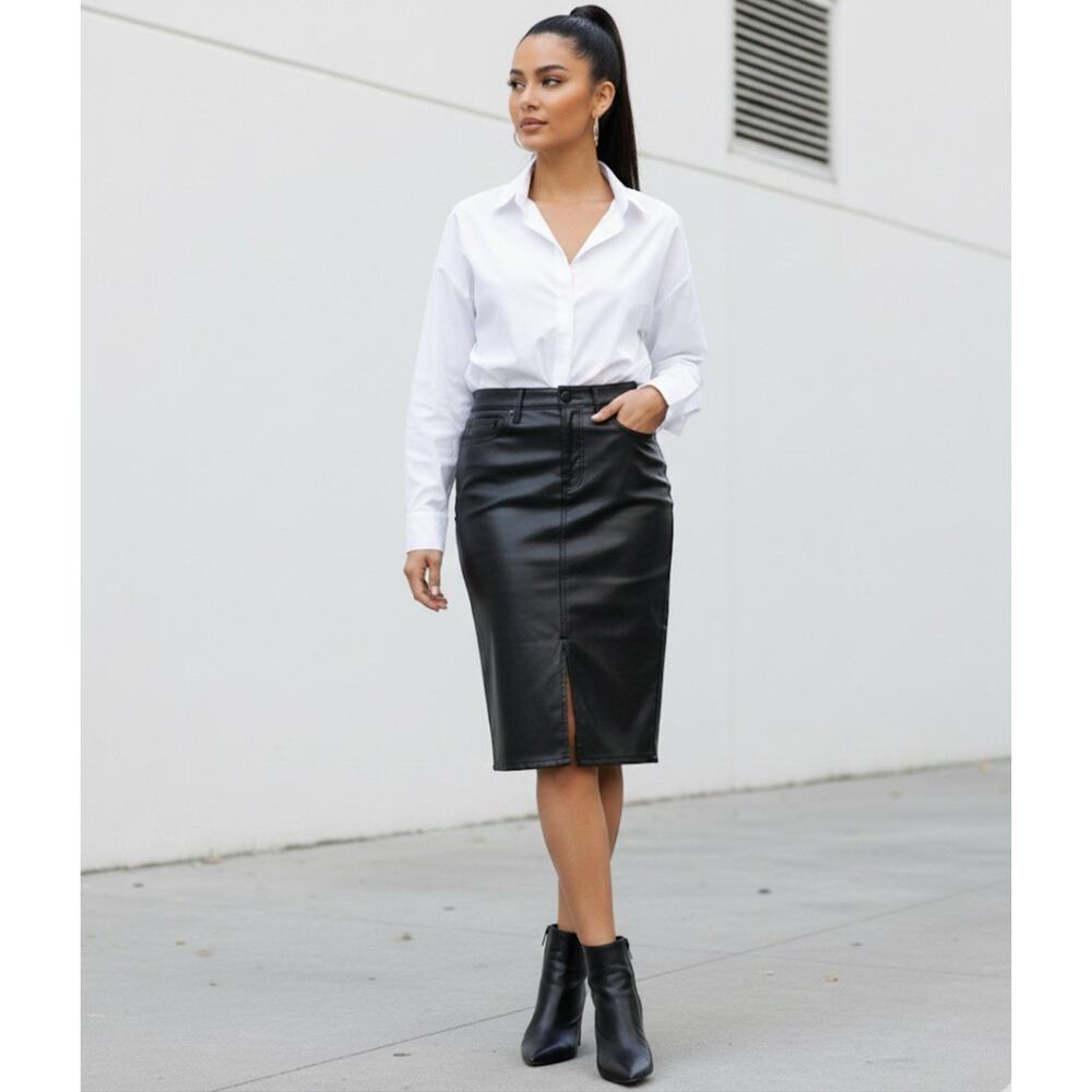 Chico’s Faux Leather Midi Pencil Skirt Black Mid Rise Size 0.5 Women’s Size 6